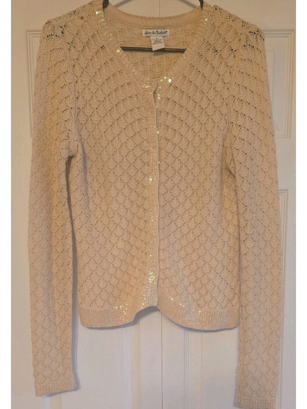 Vtg Alexandria Bartlett Crochet Open Knit Cardigan Sequins Sz S Cotton Ivory - Picture 1 of 7